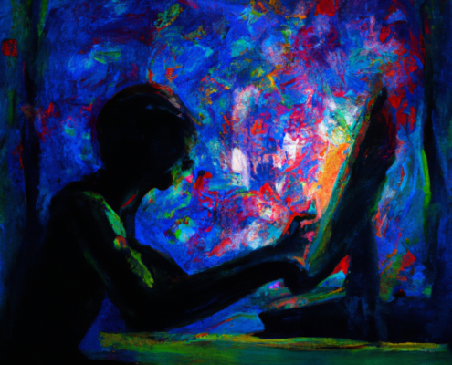 Expressive oil painting of a coder coding, depicted as an explosion of a nebula.